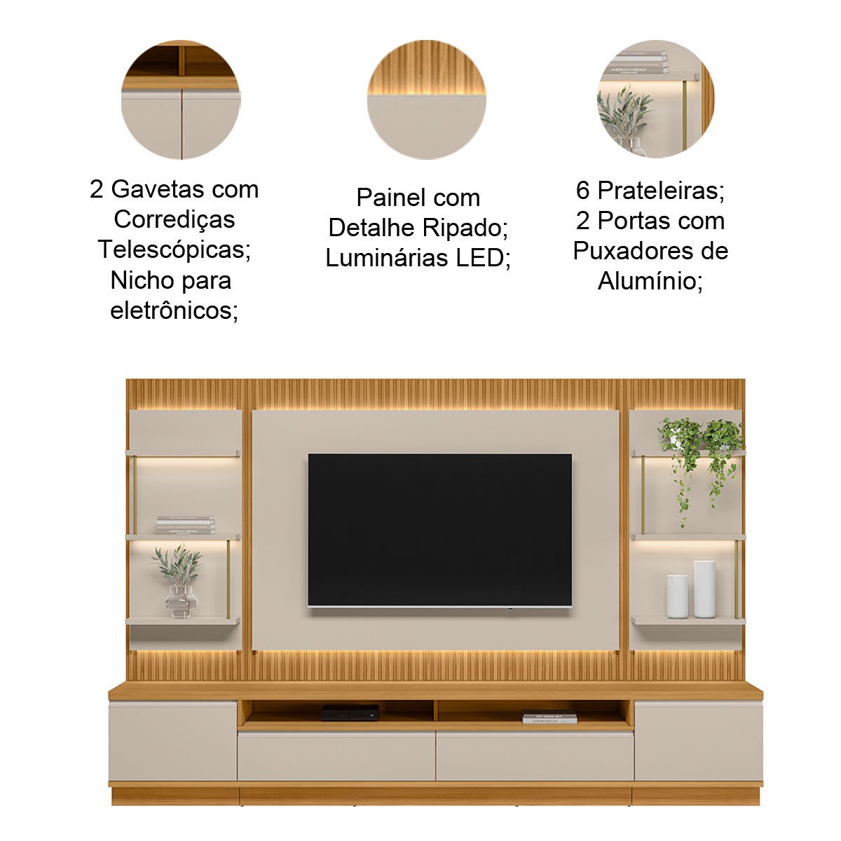 Rack Painel para Tv até 70" e 2 Módulos Laterais Paulina Tauari/Off White