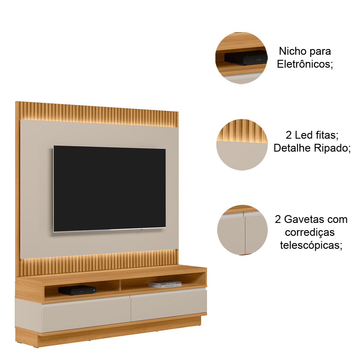 Rack com Painel Modulado para Tv até 70" Ripado Paulina  Tauari/Off White Fosco
