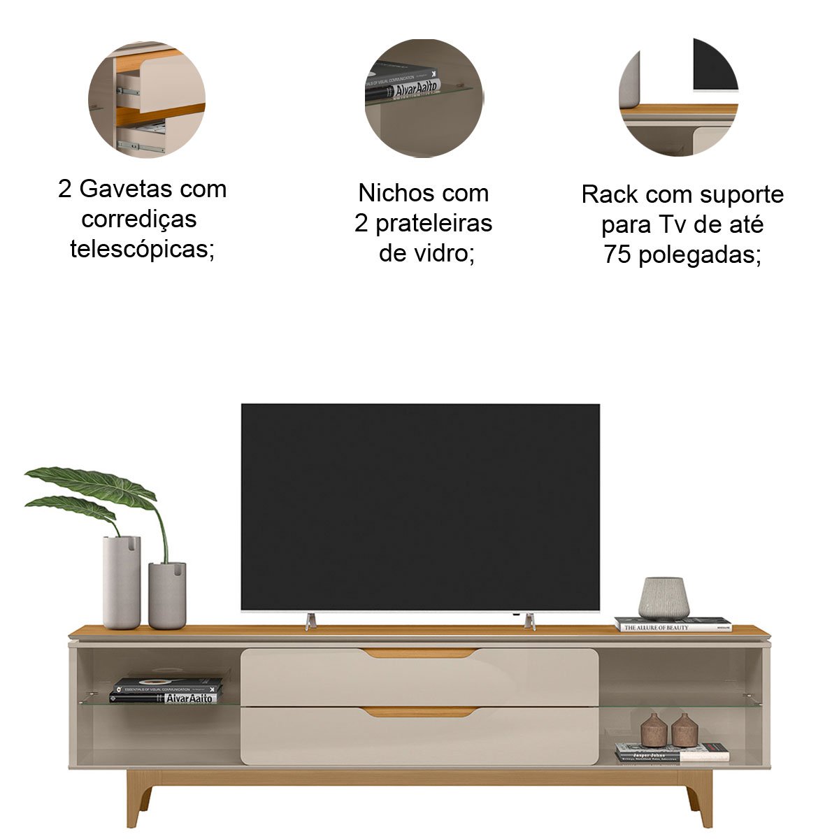Rack para Tv até 75 Polegadas 2 Gavetas com Nicho Leah Tauari/Off White