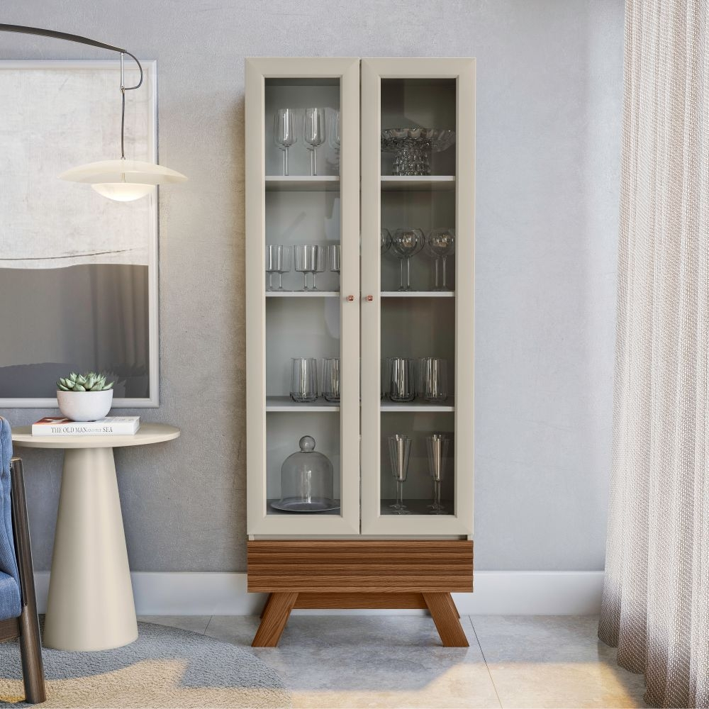 Conjunto Buffet e Cristaleira com Ripas Dock Freijo Off White