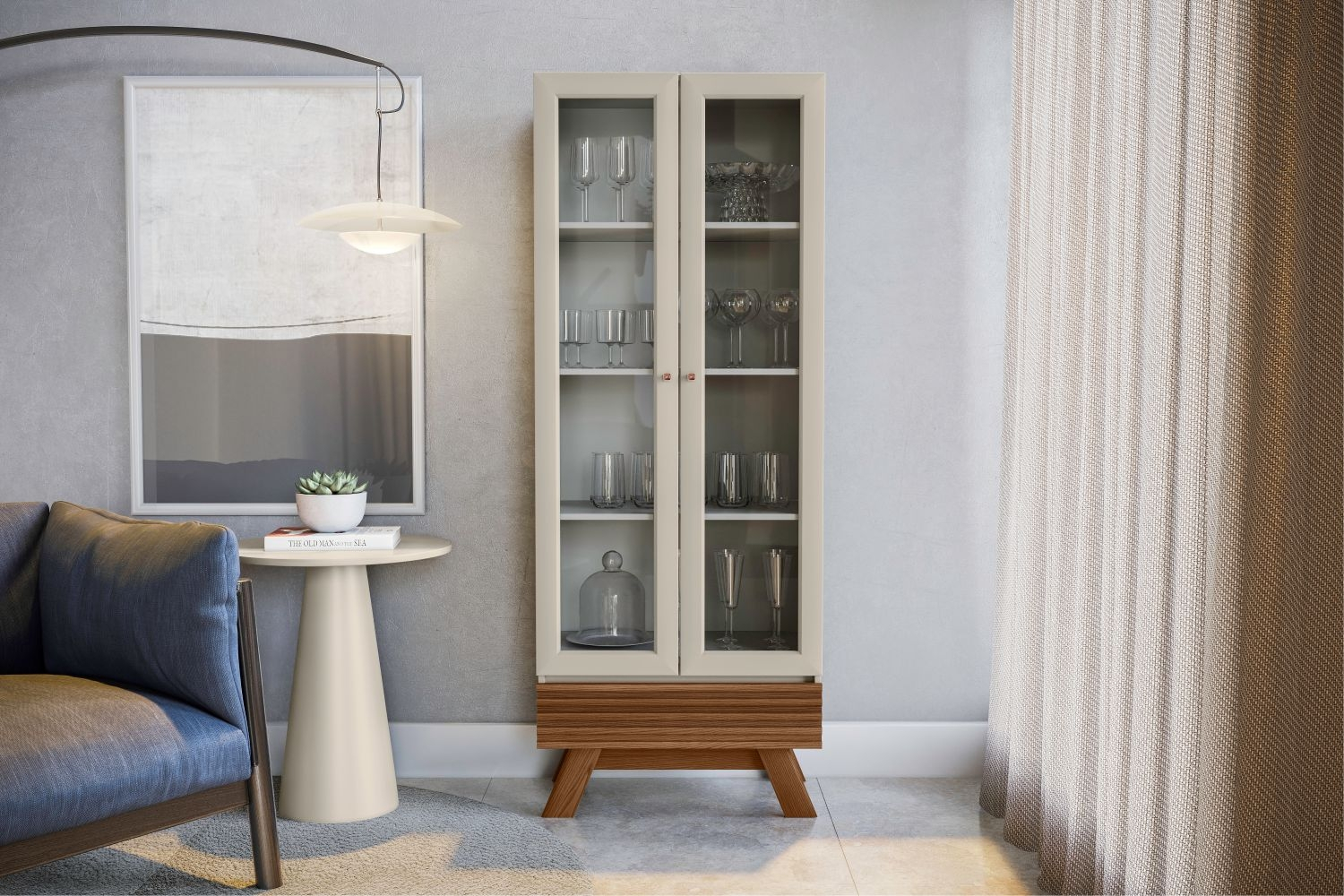 Conjunto Buffet e Cristaleira com Ripas Dock Freijo Off White