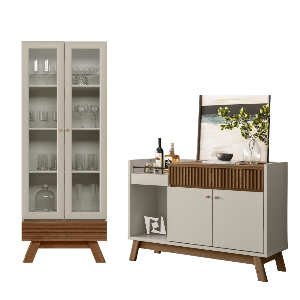 Conjunto Cristaleira e Buffet com Ripas Toch Freijo Off White