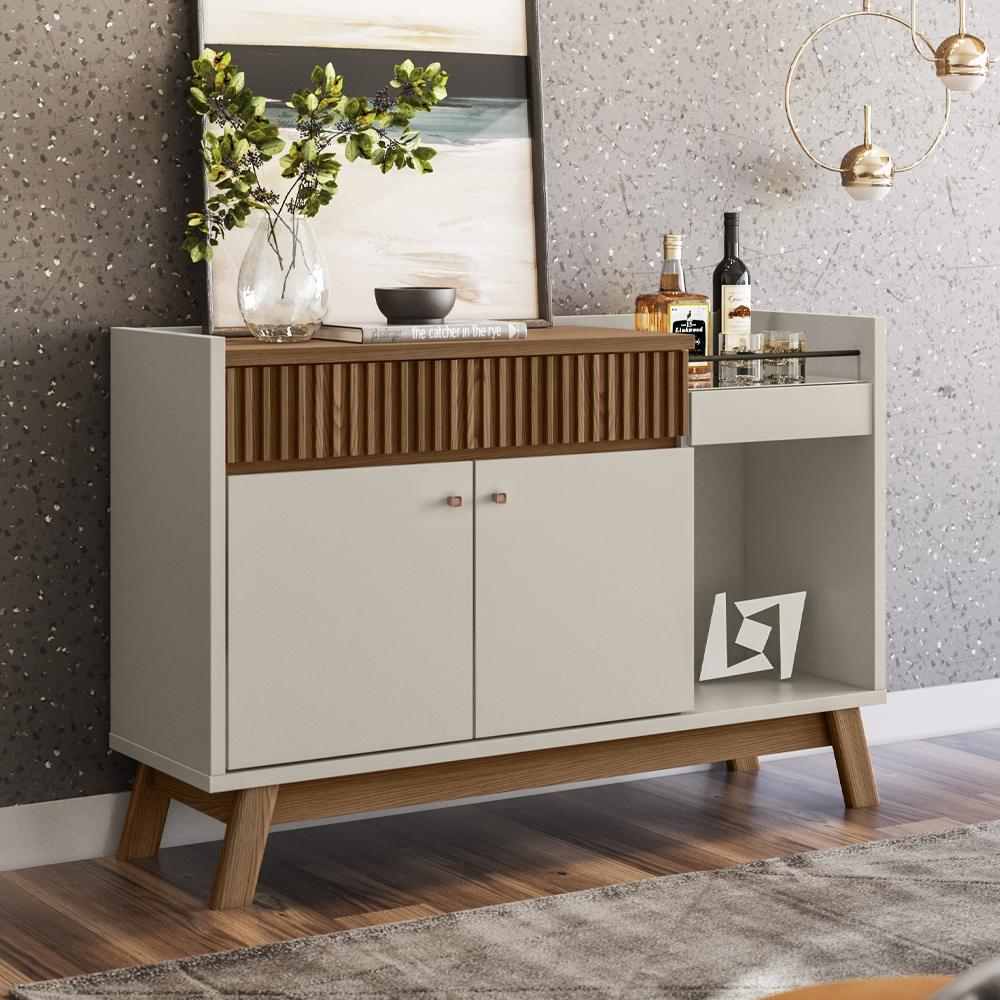 Conjunto Cristaleira e Buffet com Ripas Toch Freijo Off White