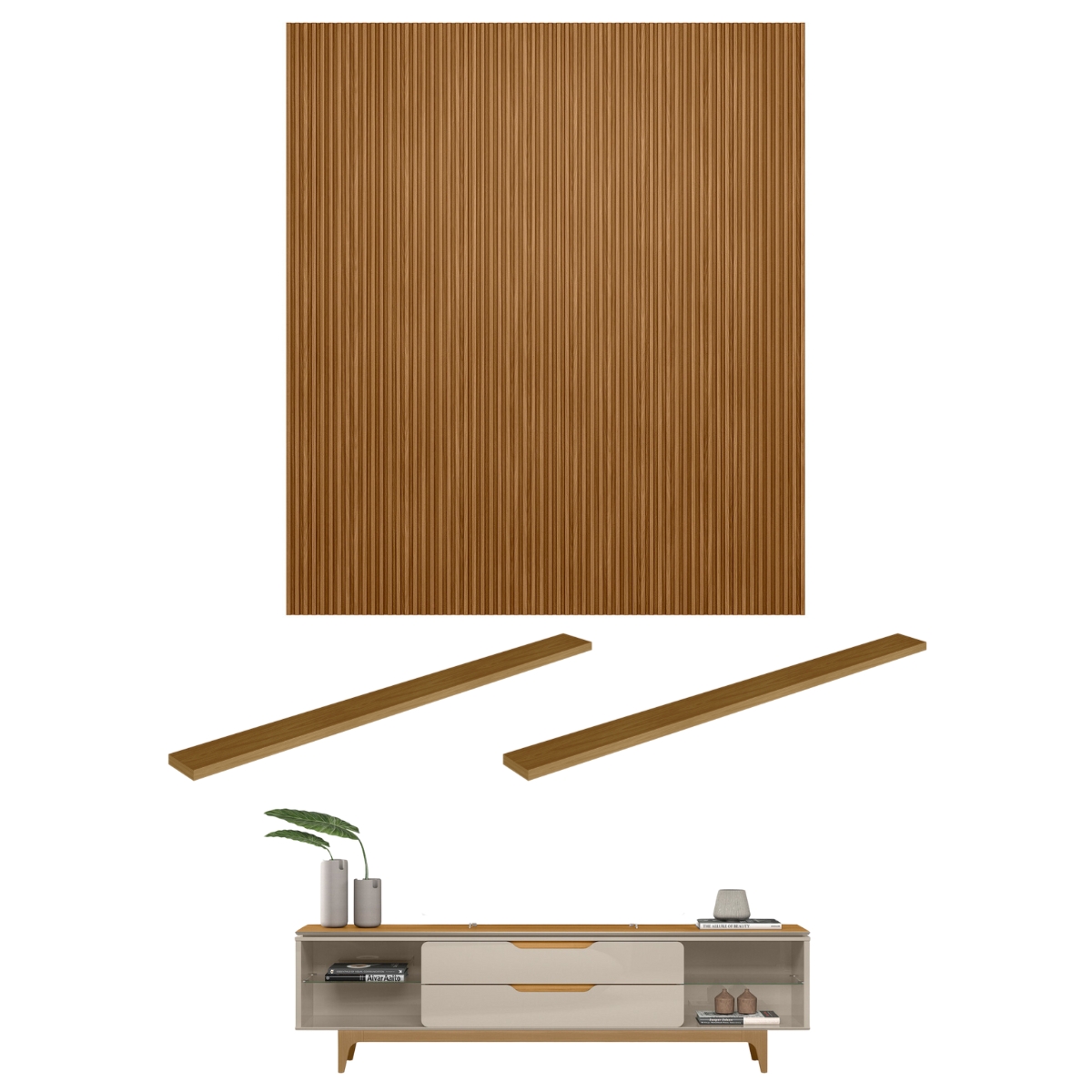 Conjunto Painel Ripado e Rack TV 75' Ottis Tauri Off White