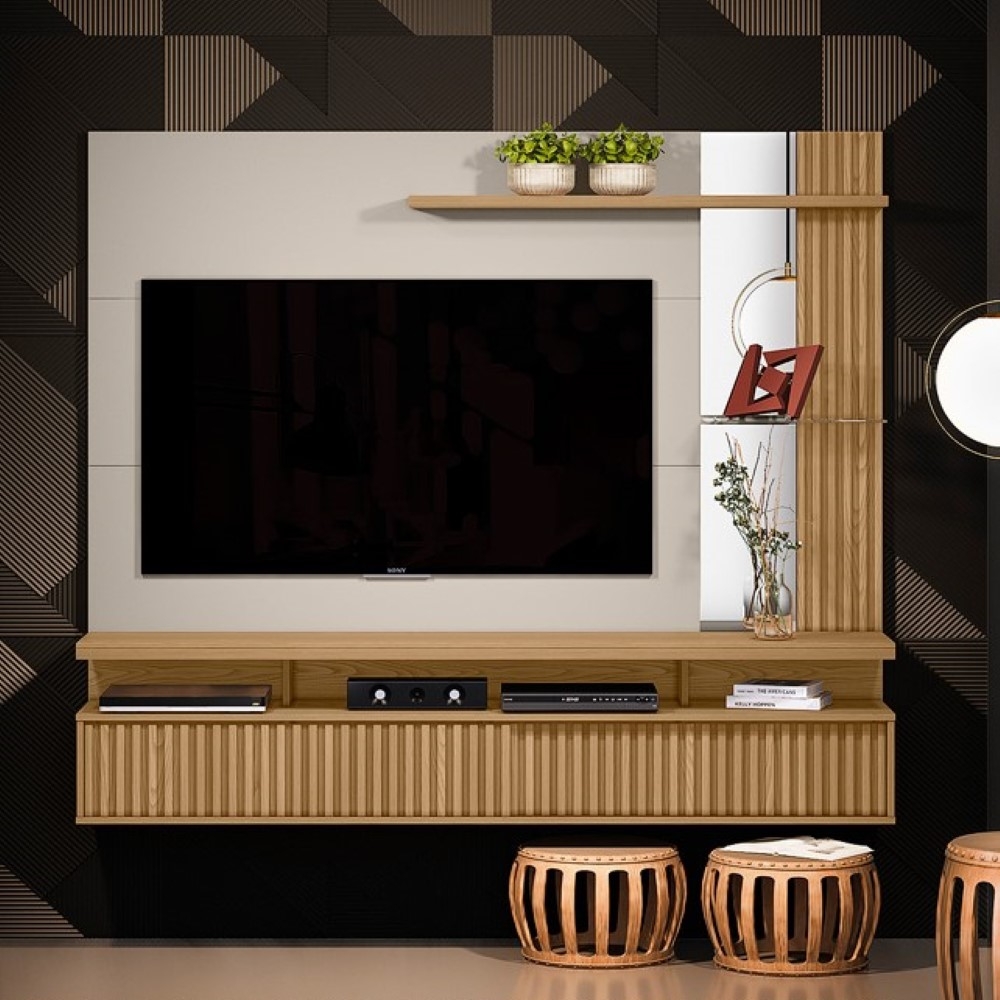 Painel para TV com Prateleiras e Ripas Jay Carvalho Off White