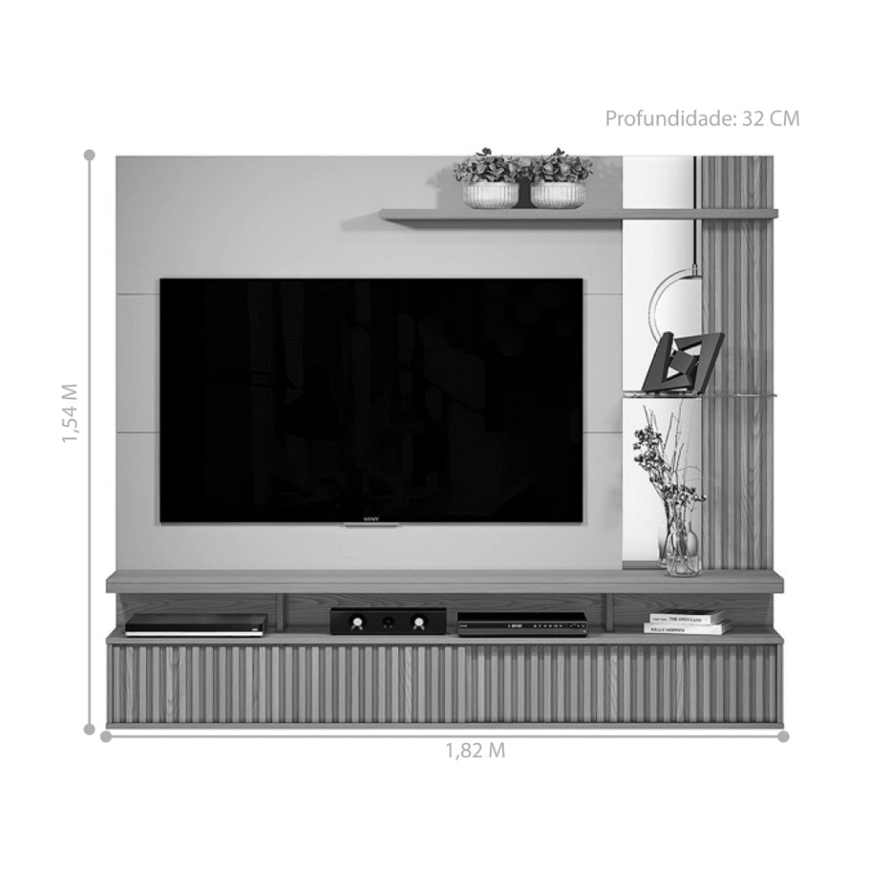 Painel para TV com Prateleiras e Ripas Jay Carvalho Off White
