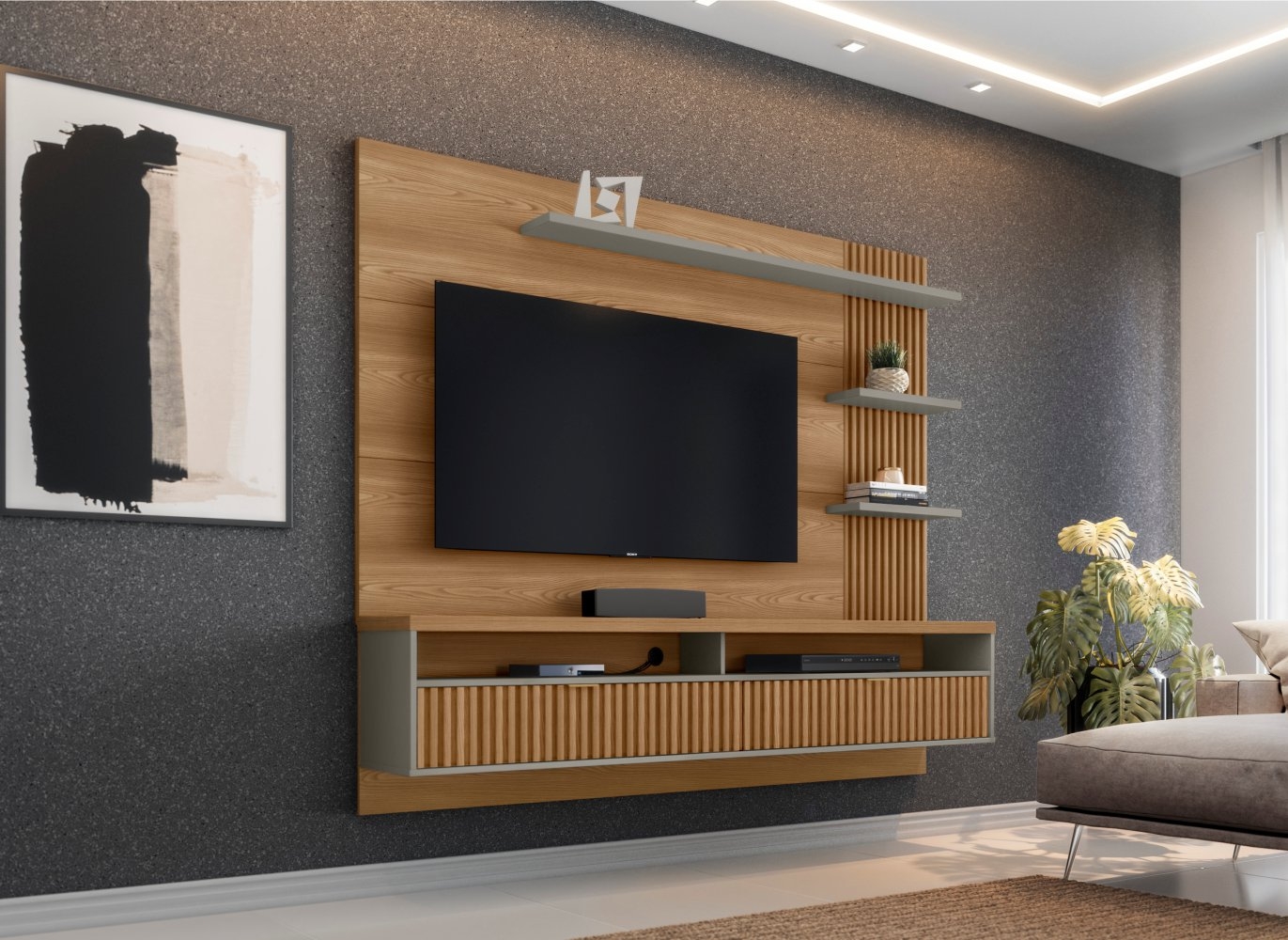 Painel para TV com Ripas Cerci Amêndoa Titânio