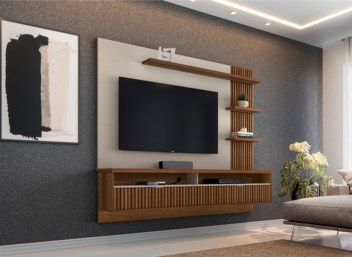 Painel para TV com Ripas Cerci Freijó Off White