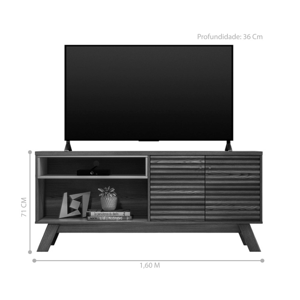 Rack para TV com Nichos e Ripas Darlene Amêndoa Titânio