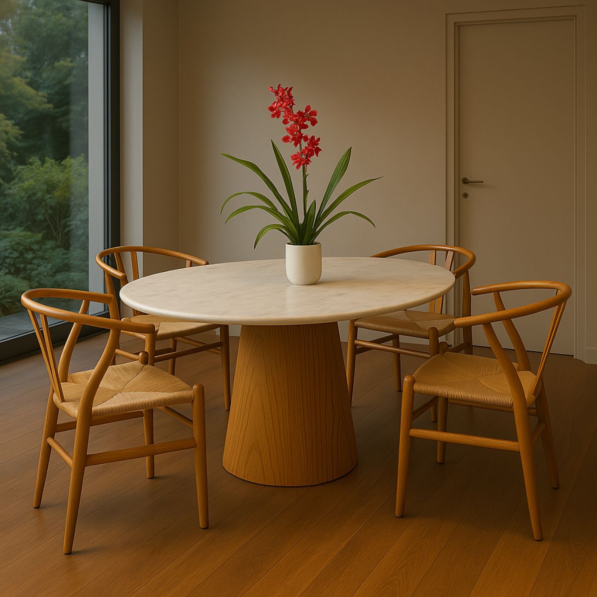 Mesa de Jantar Cone Oval 120x80 cm Mármore Branco Extra Base Freijó