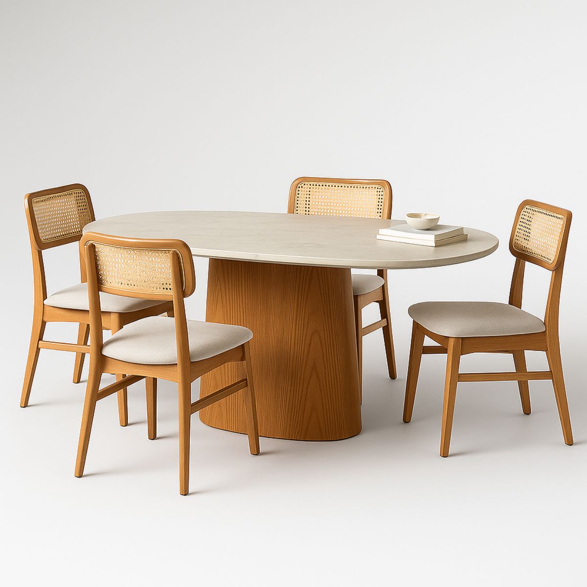 Mesa de Jantar Oblongo 198x122 cm Freijó Tampo Mármore Branco Extra