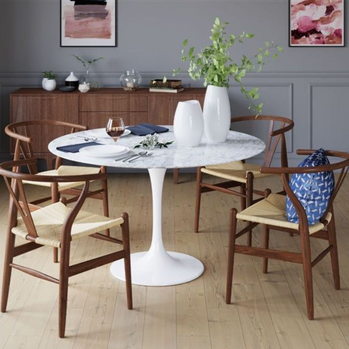 Mesa de Jantar Tulipa Saarinen Redonda 90 cm Mármore Carrara Base Branca