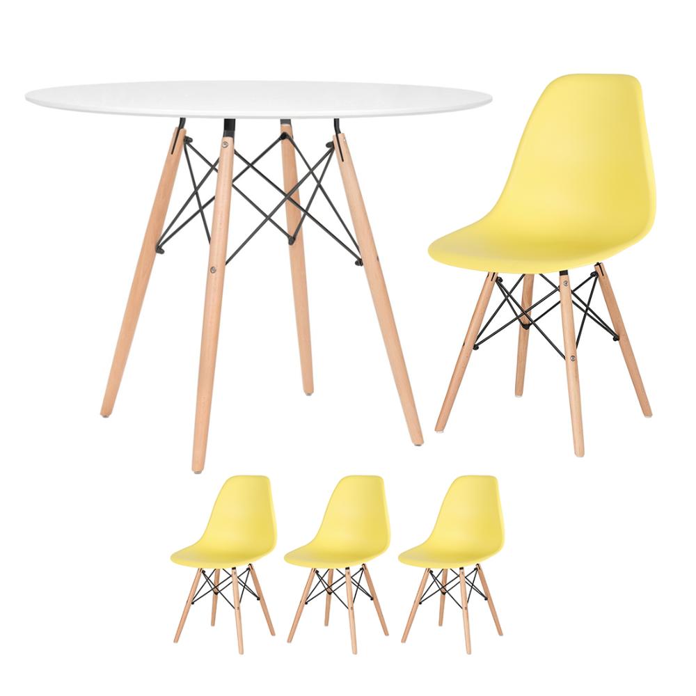 [Encerrado] Mesa redonda Eames 100 cm branco + 3 cadeiras Eiffel DSW Amarelo claro