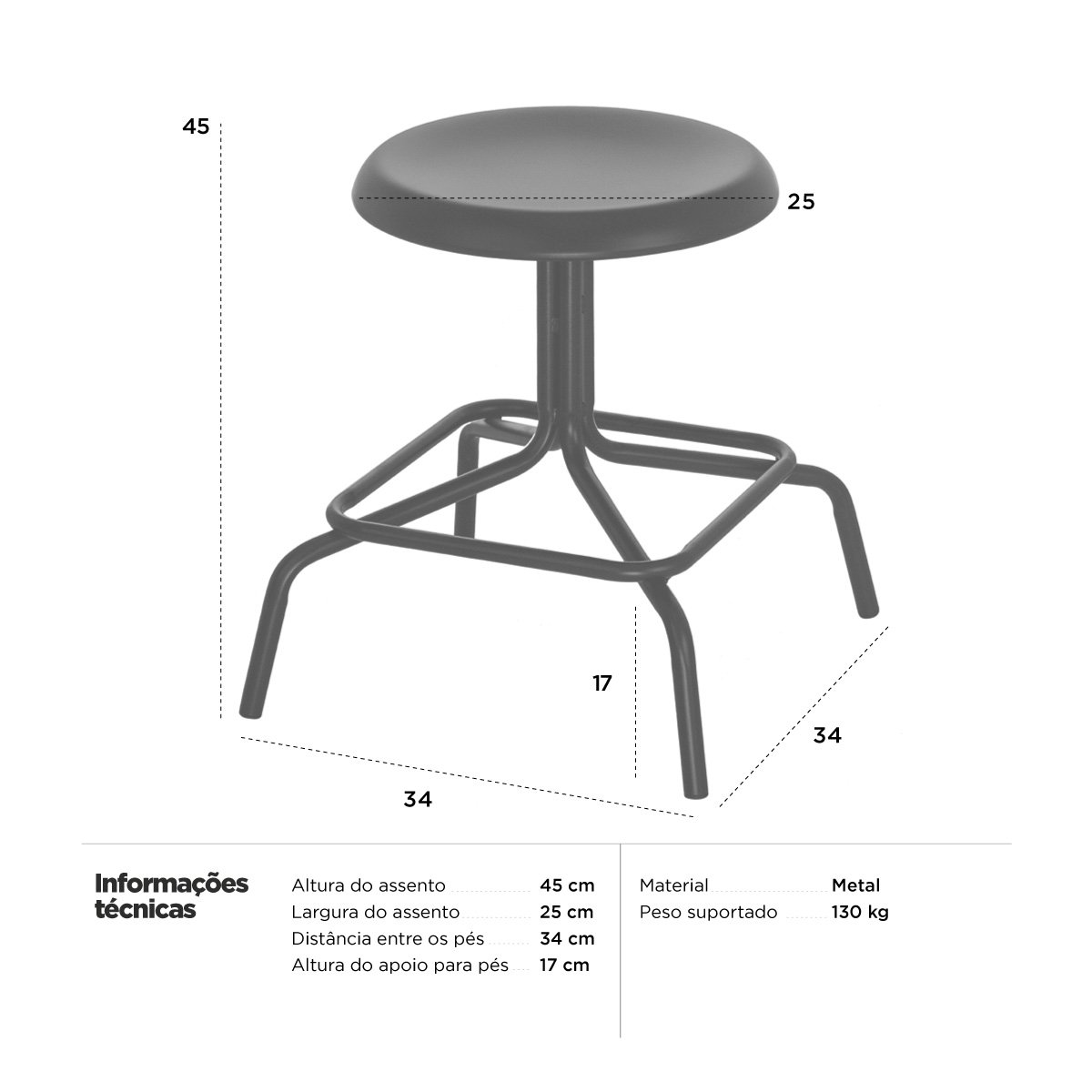 Banco baixo cozinha industrial loft aço giratório 45 cm Bolt Preto
