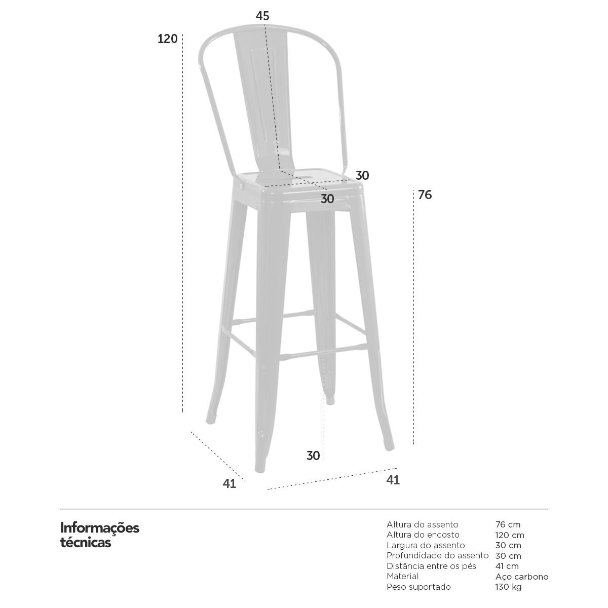 Banqueta Iron Tolix com encosto alto 76 cm Preto