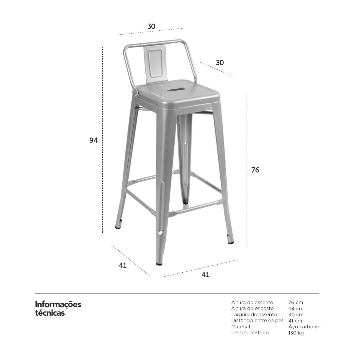 Banqueta alta Iron Tolix com encosto 76 cm Alumínio Prata