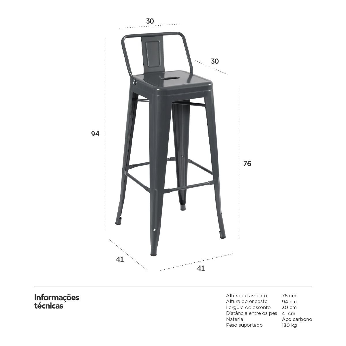 Banqueta alta Iron Tolix com encosto 76 cm Cinza Escuro