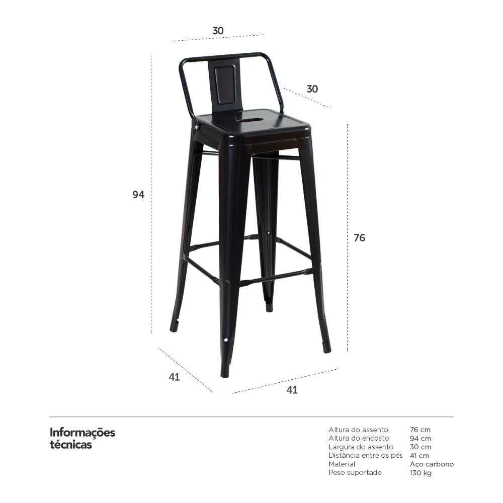 Banqueta alta Iron Tolix com encosto 76 cm acabamento texturizado Preto