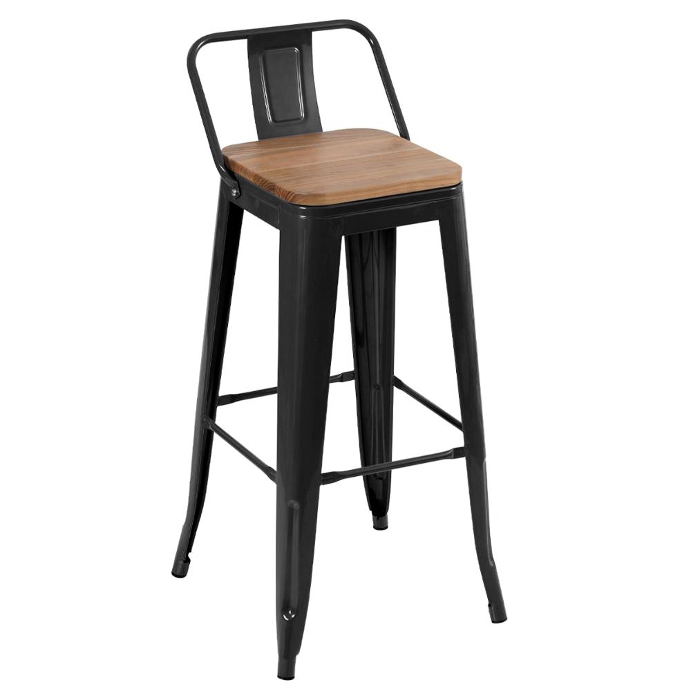 Banqueta alta Iron Tolix com encosto e assento de madeira 76 cm industrial bancada bar cozinha Preto