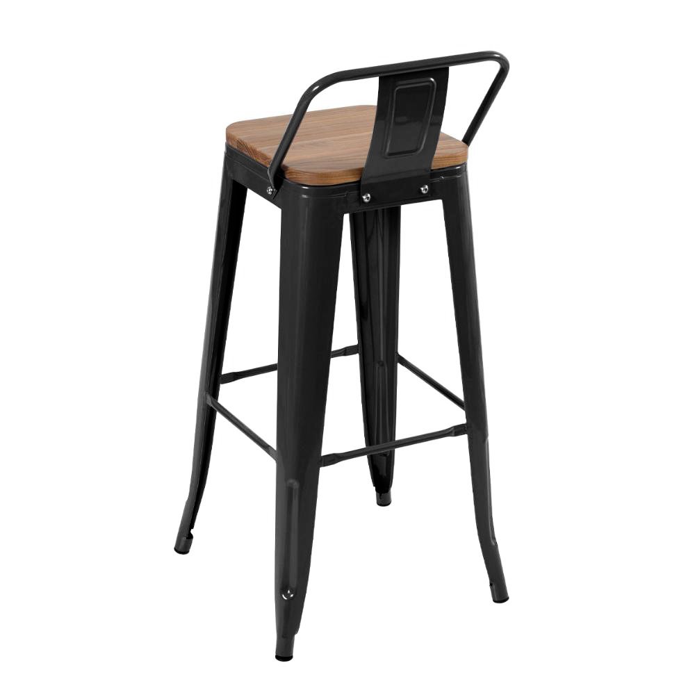 Banqueta alta Iron Tolix com encosto e assento de madeira 76 cm industrial bancada bar cozinha Preto