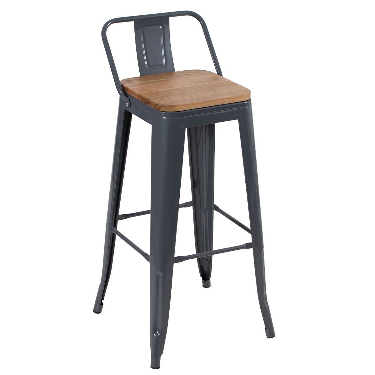 Banqueta alta Iron Tolix com encosto e assento de madeira rústica clara 76 cm Cinza Escuro