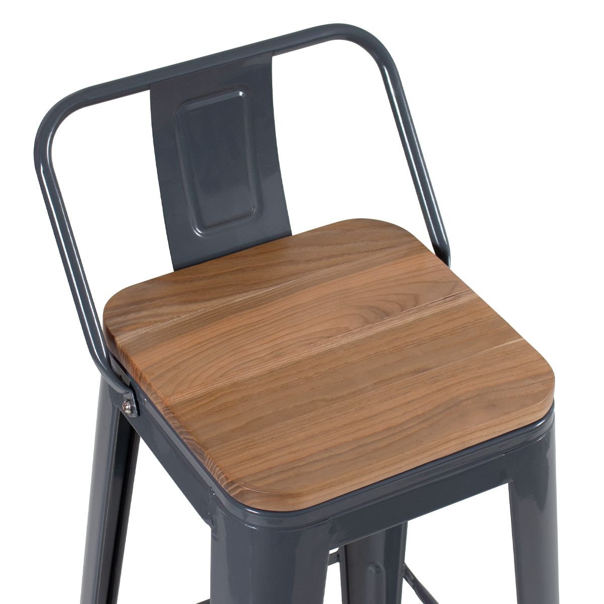 Banqueta alta Iron Tolix com encosto e assento de madeira rústica clara 76 cm Cinza Escuro