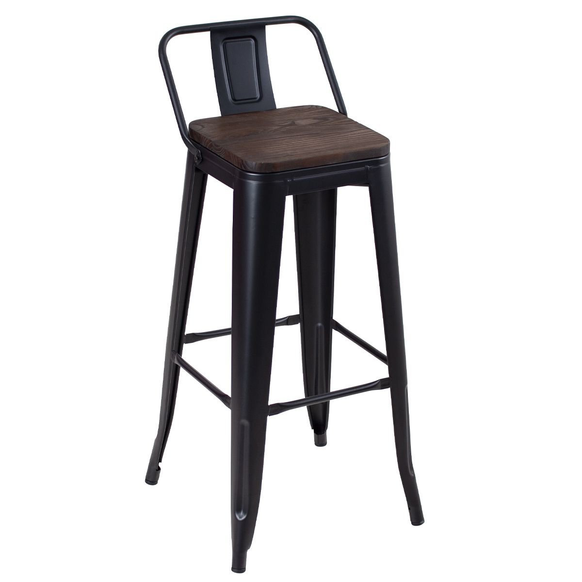 Banqueta alta Iron Tolix com encosto e assento de madeira rústica escura 76 cm Preto