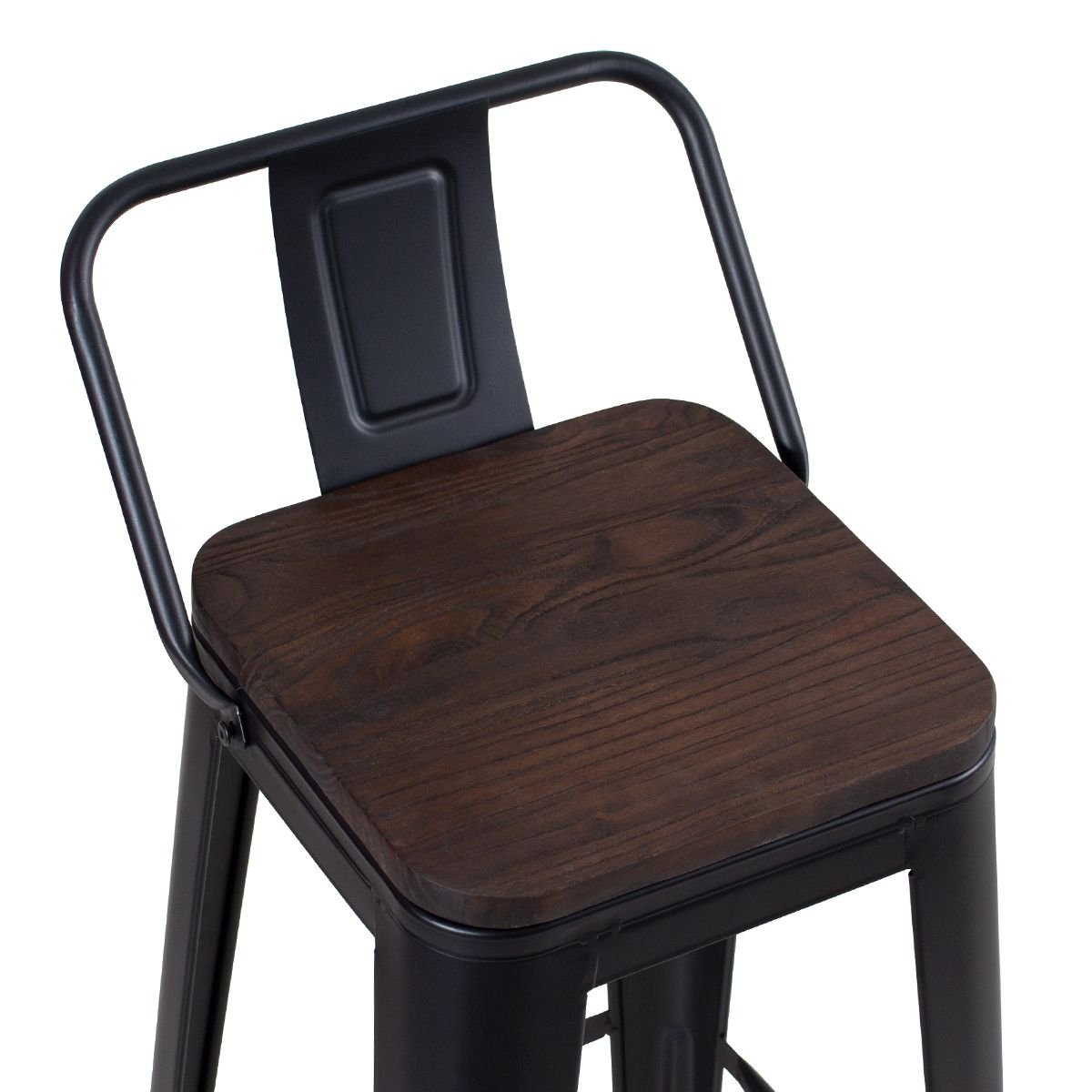 Banqueta alta Iron Tolix com encosto e assento de madeira rústica escura 76 cm Preto