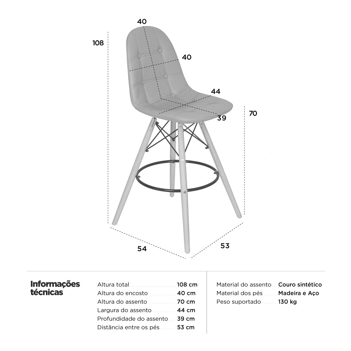 Banqueta alta bancada cozinha Charles Eames Eiffel Botonê estofada Nude