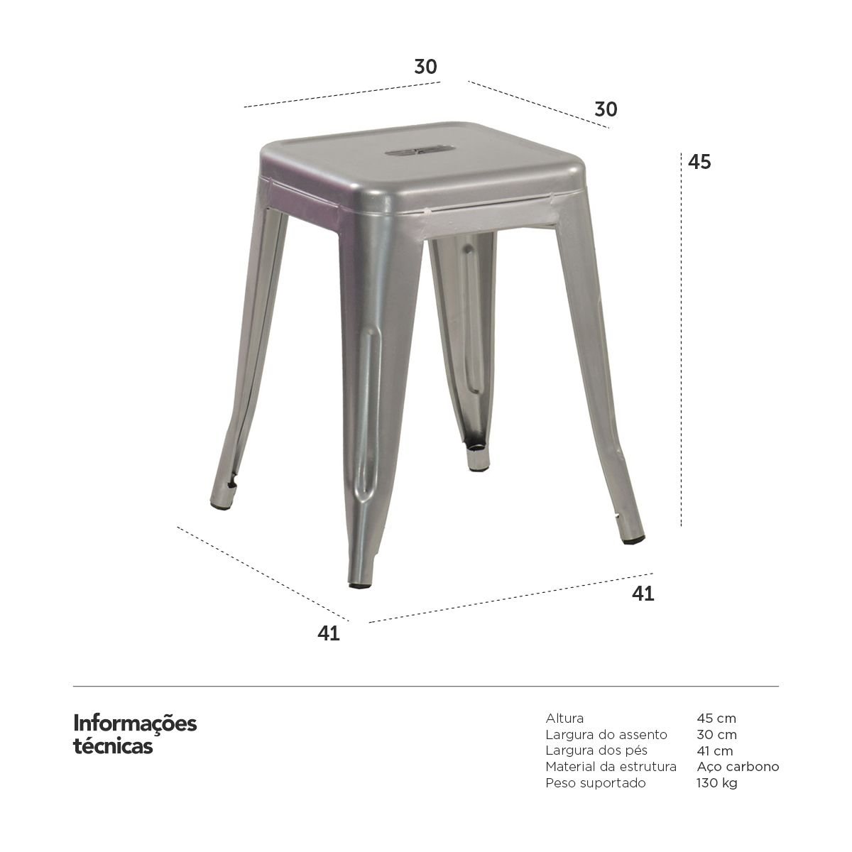 Banqueta baixa Iron Tolix 45 cm Prata Alumínio Prata Alumínio