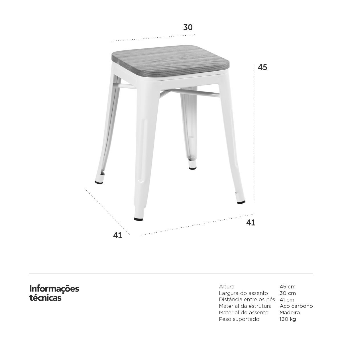 Banqueta baixa Iron Tolix com assento de madeira rústica escura 45 cm Branco