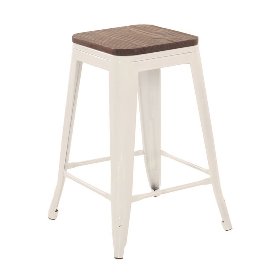 Banqueta média Iron Tolix com assento de madeira rústica escura 61 cm Branco