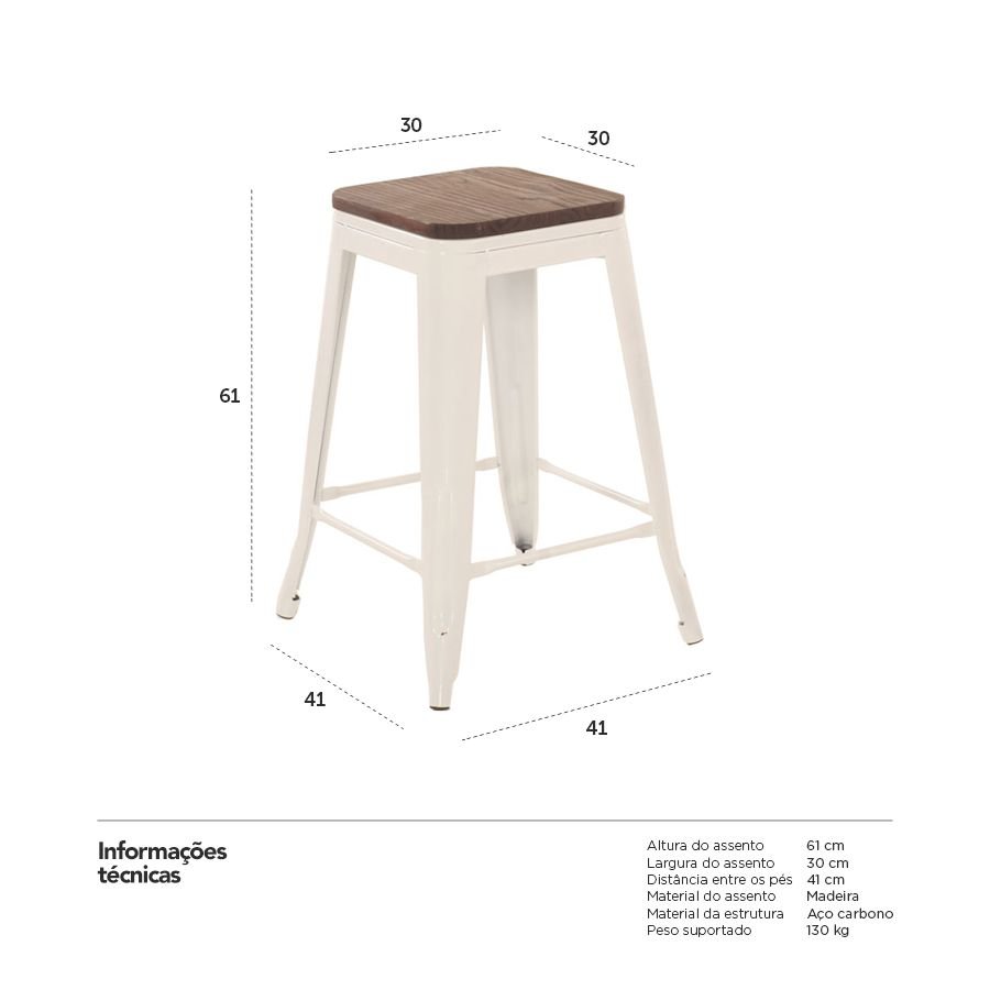 Banqueta média Iron Tolix com assento de madeira rústica escura 61 cm Branco