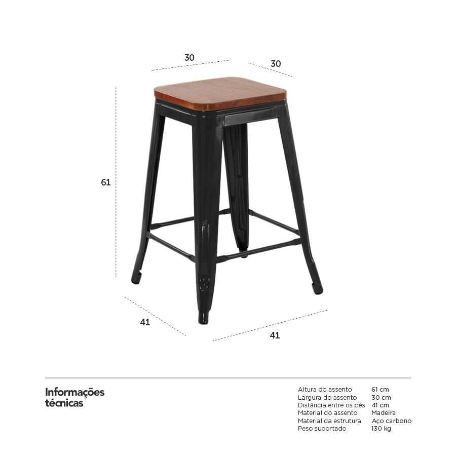 Banqueta média Iron Tolix com assento de madeira rústica escura 61 cm Preto