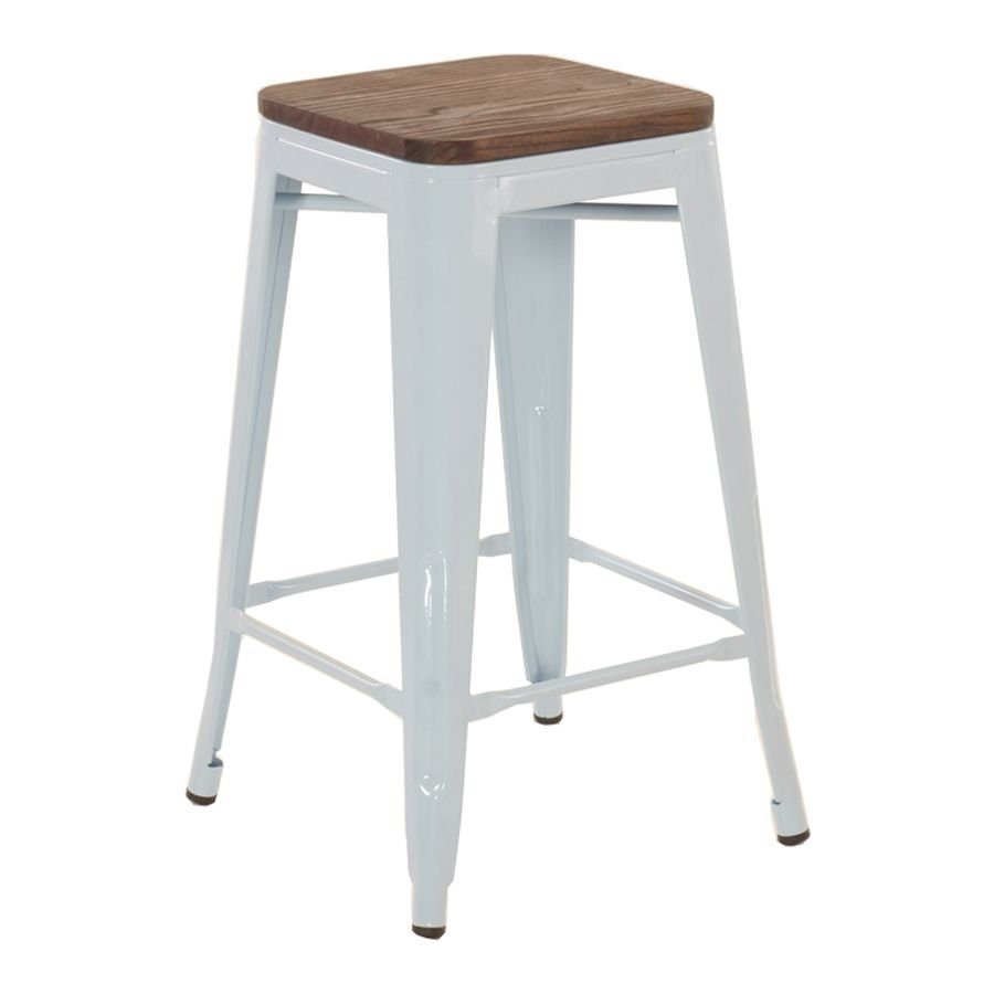 Banqueta média Iron Tolix com assento de madeira rústica escura 66 cm Azul light