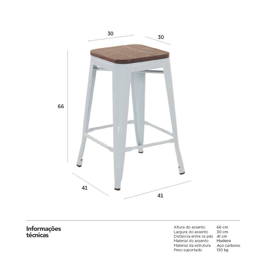 Banqueta média Iron Tolix com assento de madeira rústica escura 66 cm Azul light