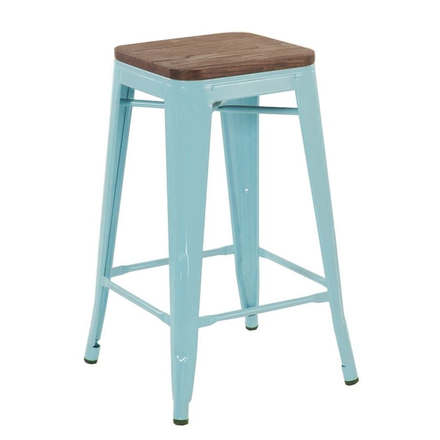Banqueta média Iron Tolix com assento de madeira rústica escura 66 cm Azul tiffany