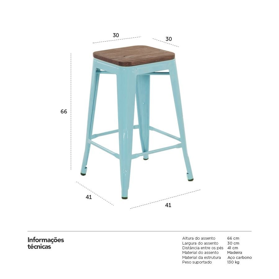 Banqueta média Iron Tolix com assento de madeira rústica escura 66 cm Azul tiffany