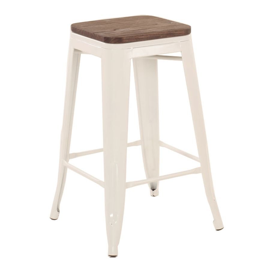 Banqueta média Iron Tolix com assento de madeira rústica escura 66 cm Branco