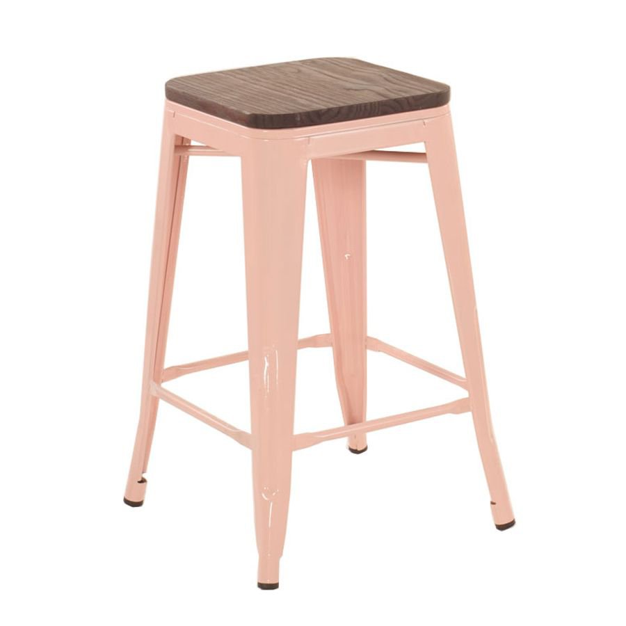 Banqueta média Iron Tolix com assento de madeira rústica escura 66 cm Rosa antigo