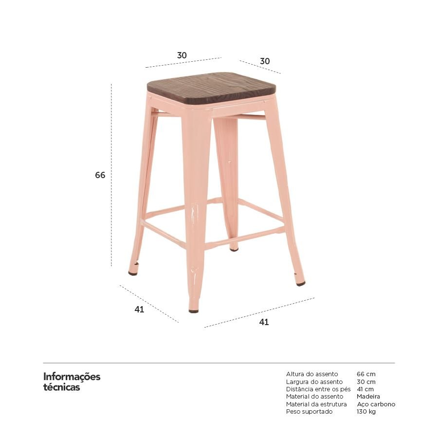 Banqueta média Iron Tolix com assento de madeira rústica escura 66 cm Rosa antigo