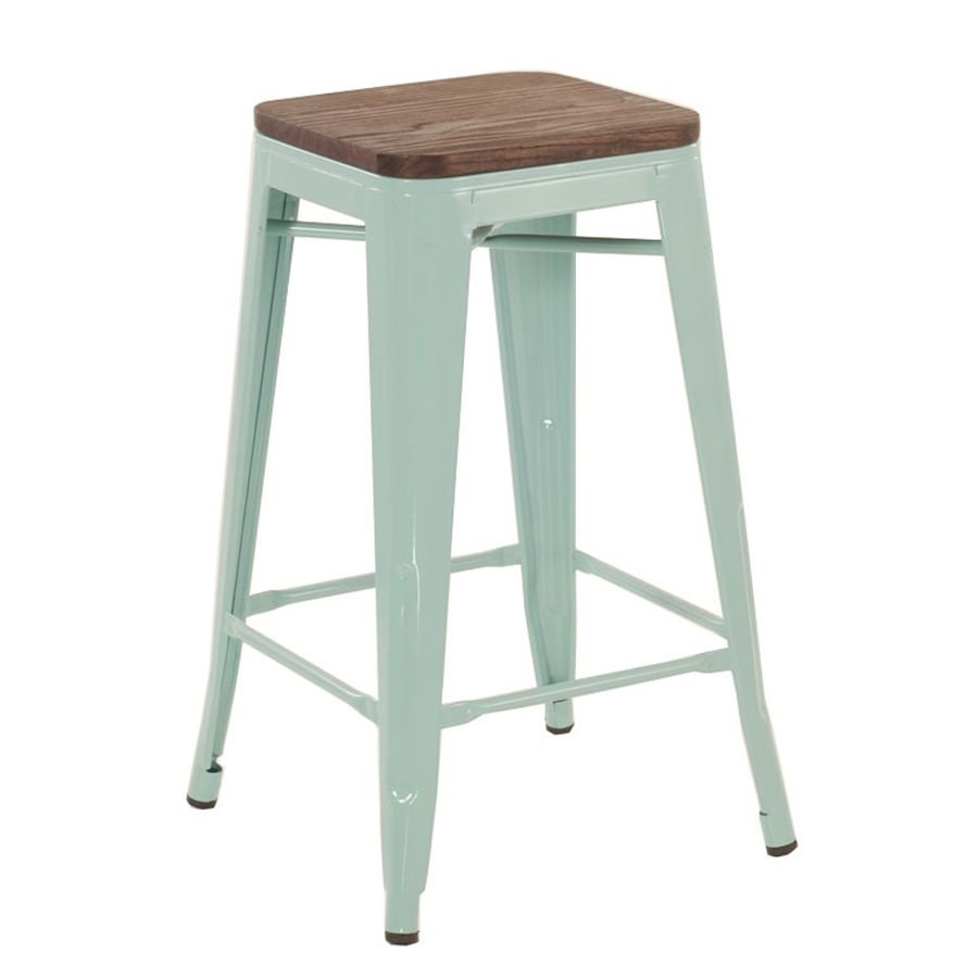 Banqueta média Iron Tolix com assento de madeira rústica escura 66 cm Verde Claro