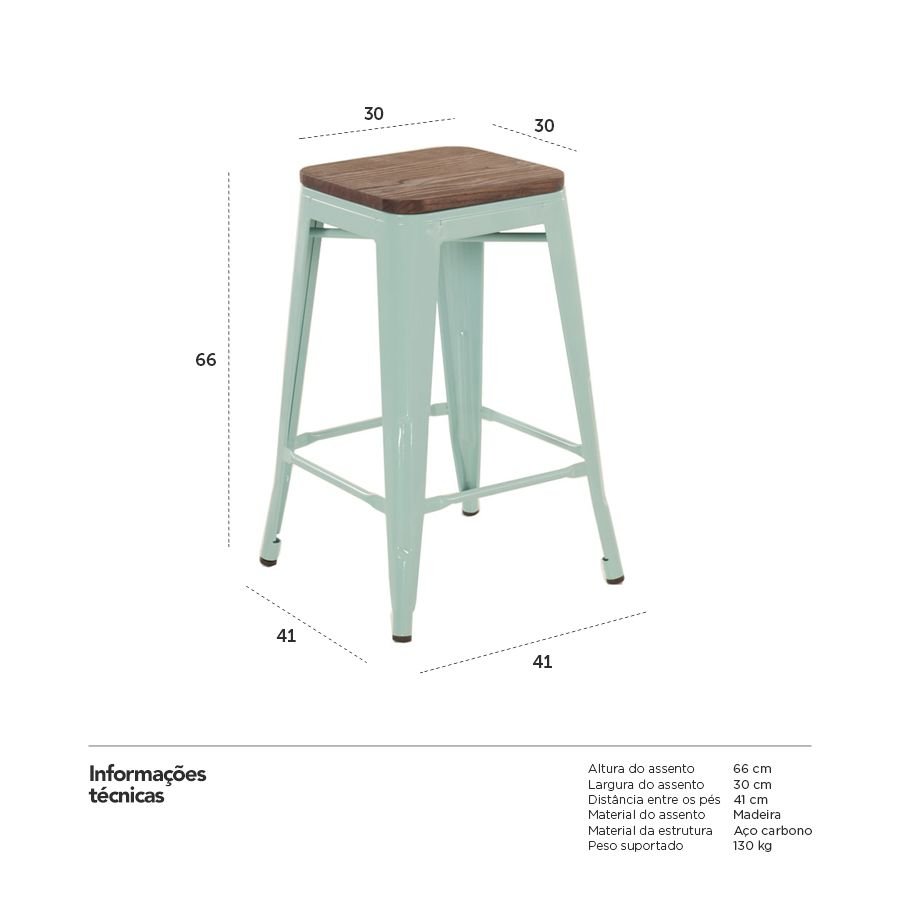 Banqueta média Iron Tolix com assento de madeira rústica escura 66 cm Verde Claro