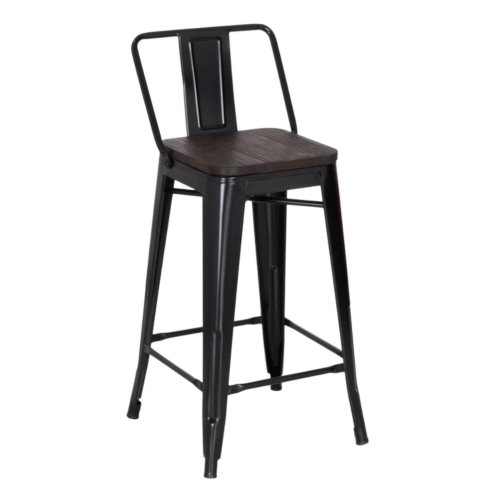 Banqueta média industrial Iron Tolix com encosto e assento de madeira rústica escura 66 cm