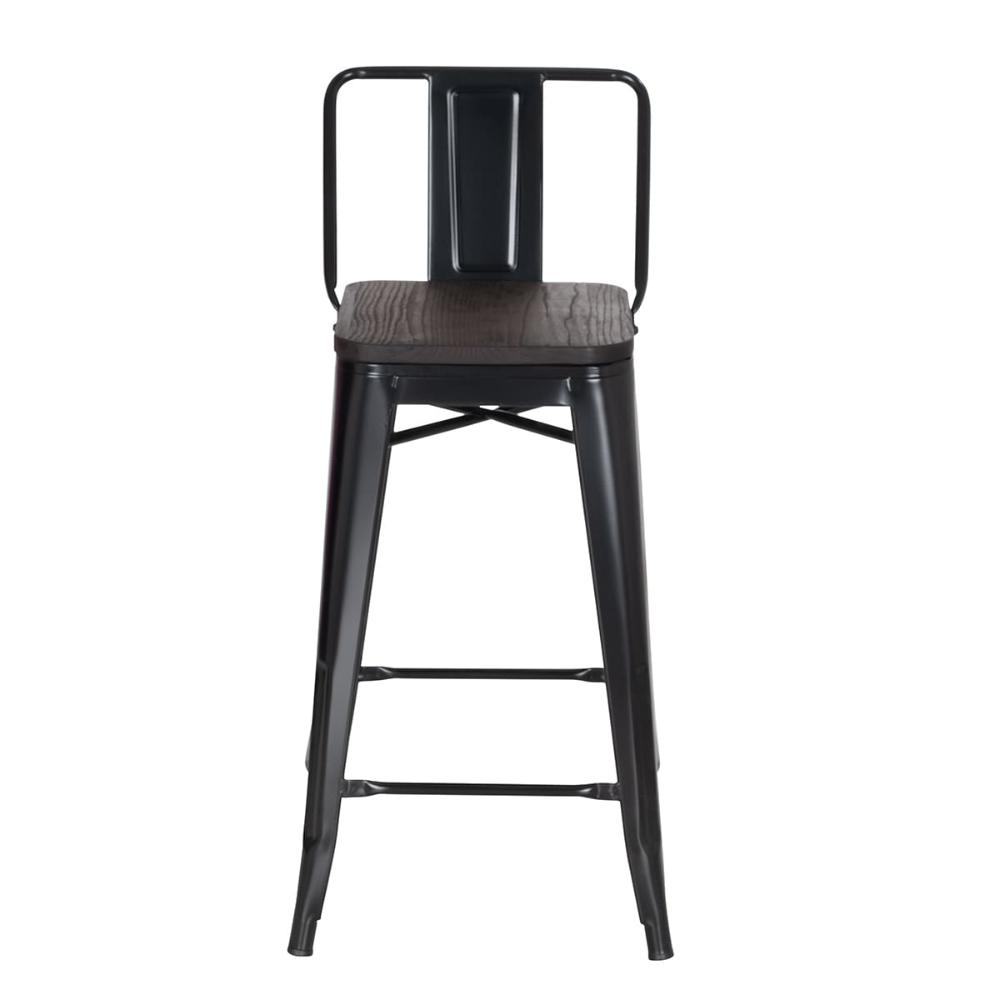 Banqueta média industrial Iron Tolix com encosto e assento de madeira rústica escura 66 cm