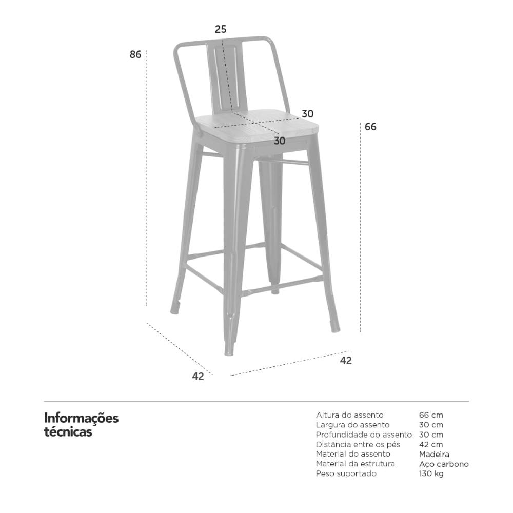 Banqueta média industrial Iron Tolix com encosto e assento de madeira rústica escura 66 cm
