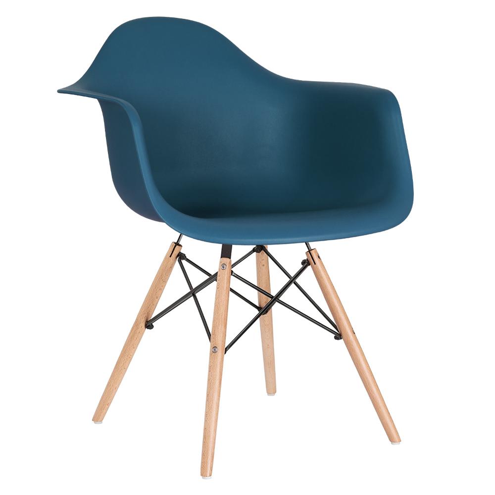 Cadeira Charles Eames Eiffel DAW com braços e pés de madeira clara Azul petróleo