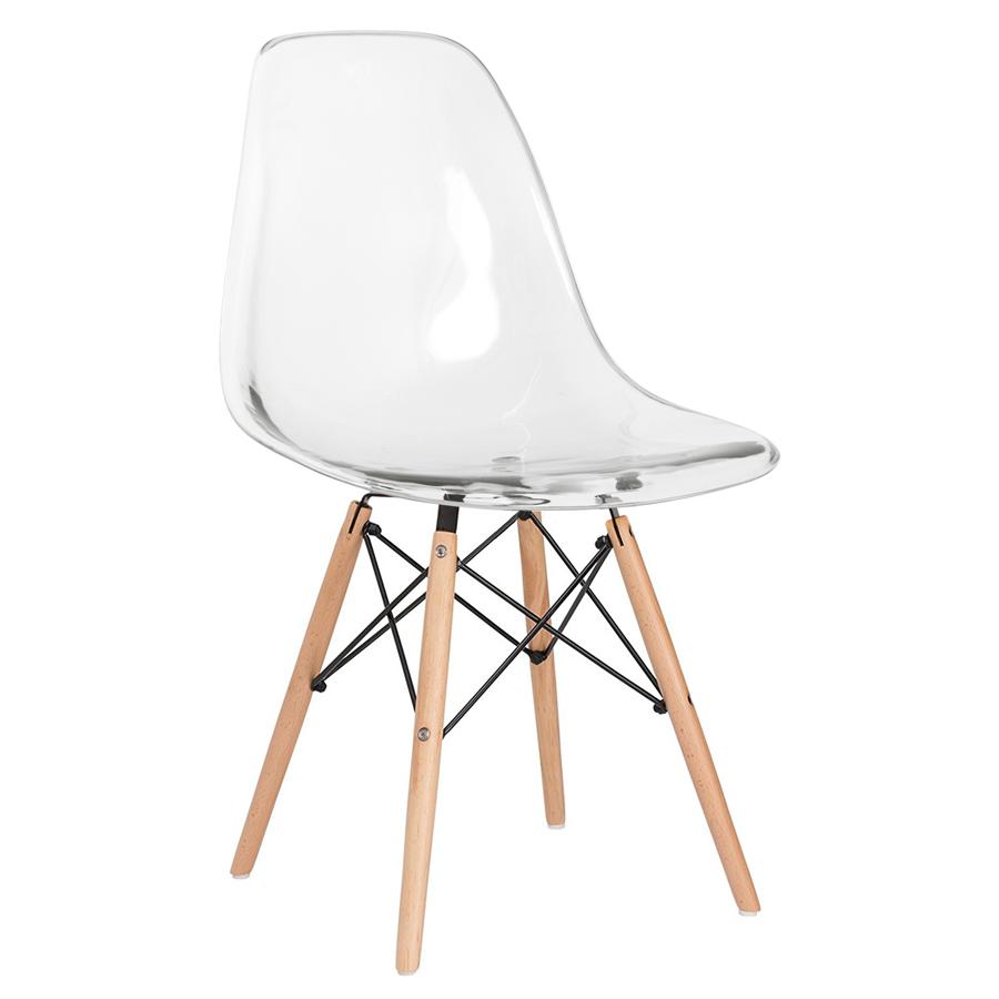 Cadeira Eames Eiffel DSW com assento acrílico e pés de madeira clara Incolor