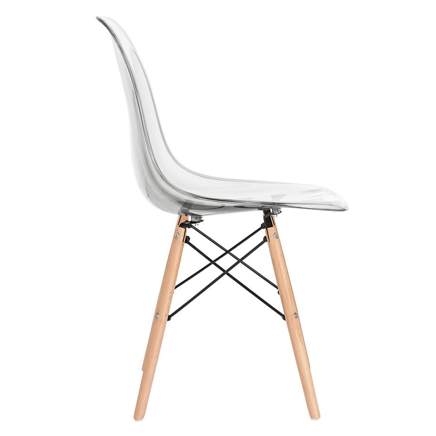 Cadeira Eames Eiffel DSW com assento acrílico e pés de madeira clara Incolor