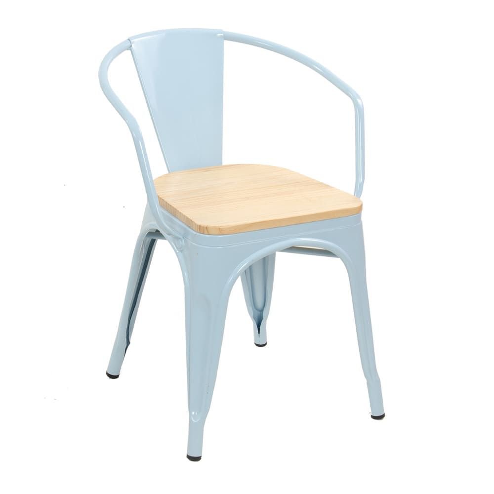 Cadeira Iron Tolix com apoio de braços e assento de madeira clara Azul light